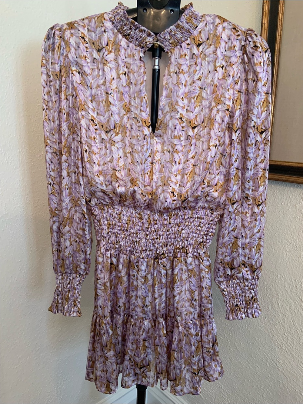 Franco Smocked Waist Lavender Floral Long Sleeve Mini Dress